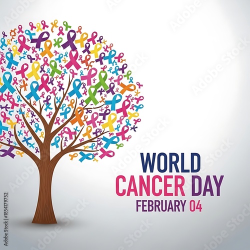 Colorful tree made of cancer awareness ribbons with world cancer day text