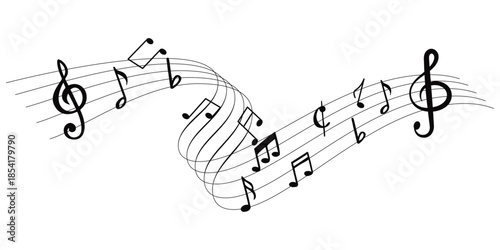 Music notes wave, Curve musical signs, sound wave line symbol, acoustic composition, Musical notes background, abstract music wave illustration.