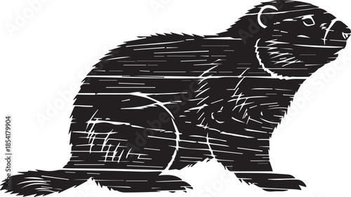 Black and white woodcut style illustration of a groundhog