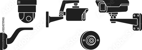 Black silhouette surveillance camera set on transparent background for security system.