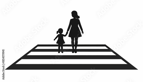 Illustration of a mother and child crossing a pedestrian crosswalk, safety concept.