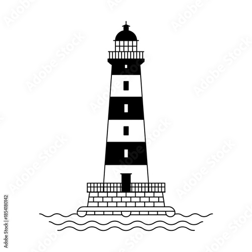 Black and white line art representation of a coastal lighthouse standing on a rocky base