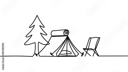 A continuous single line drawing capturing a minimalist camping scene with essential gear
