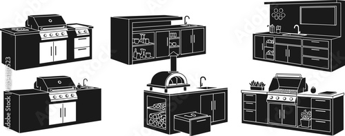 Outdoor kitchen design set barbecue grill cabinets silhouette illustration vector design.
