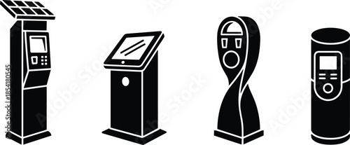 Payment kiosk silhouette set automated terminals self service stations vector illustration.