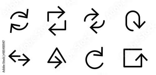 Pack de iconos de flechas. Direcciones circulares, cuadradas, rectangulares y triangulares para navegación visual. Diseño vectorial lineal