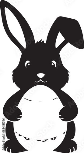 Black rabbit holding white egg