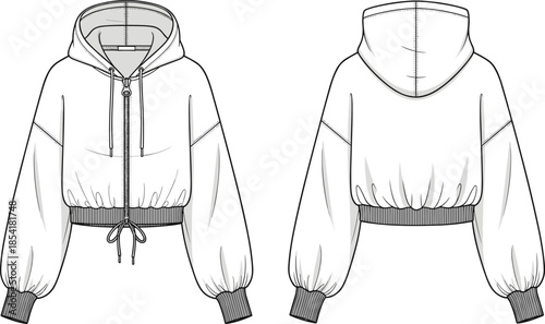 Technical flat sketch of cropped hoodie front and back view with zipper, drawstring hood, voluminous sleeves, vector fashion illustration