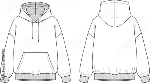 Technical flat sketch of hooded sweatshirt front and back view with kangaroo pocket, drawstring hood, vector fashion illustration