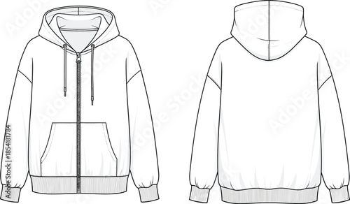 Technical flat sketch of hooded zip-up sweatshirt front and back view with kangaroo pocket, drawstring hood, vector illustration