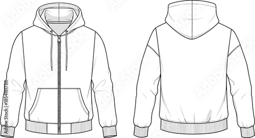 Technical flat sketch of zip-up hoodie front and back view with drawstring hood, kangaroo pocket, vector fashion illustration