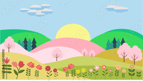 Spring landscape with flowers and hills