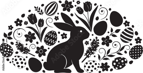 Elegant easter bunny surrounded by decorative eggs and flowers