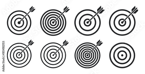 Eight Black and White Target Icons with Arrows Showing Different Accuracy Levels dartboard bullseye