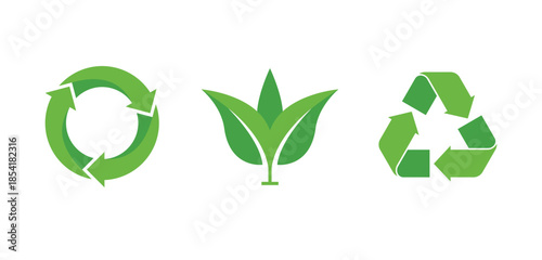Recycle icon set. ecology, eco-friendly, and environmental management symbols. Arrows, heart, and leaf recycling eco green symbol.
