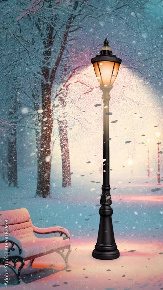 Snow falls gently on a street lamp and bench in a winter park at dusk ...