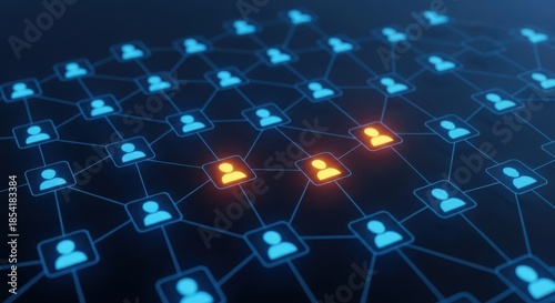 Abstract glowing network of connected people icons representing social connections and digital communication