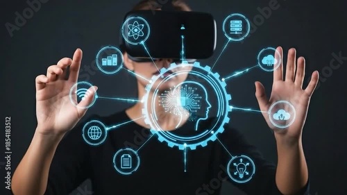 Woman interacting with virtual interface on tablet