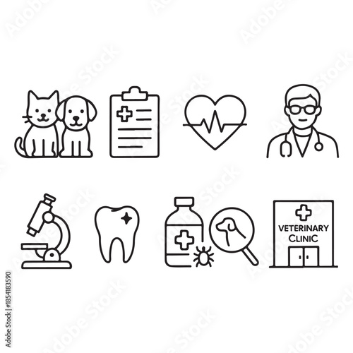 Veterinary Line Art Icon Set – Pet Healthcare and Medical Services