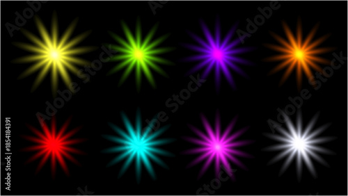 Colorful glowing starburst set on black background, collection of eight neon light bursts in different colors for festive decoration and design.