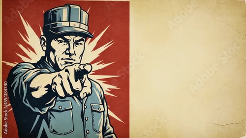Man pointing his finger in a vintage propaganda poster style with blank parchment paper space, recruitment or call to action concept.