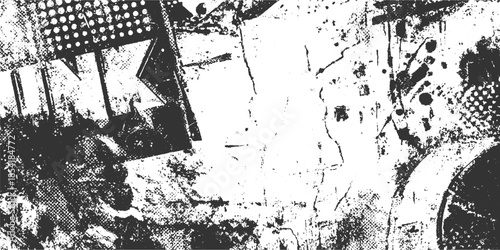 Black and white abstract textured background with geometric shapes and halftone dots grunge