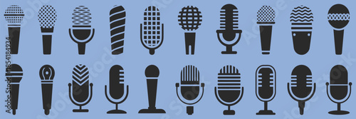 microphone icon set, collection of abstract microphone vector illustrations, modern audio symbols, music recording, podcasting, broadcasting, sound equipment, and media design graphics.