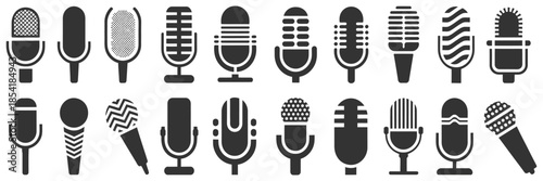 microphone icon set, collection of abstract microphone vector illustrations, modern audio symbols, music recording, podcasting, broadcasting, sound equipment, and media design graphics.