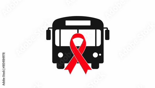Aids awareness concept with red ribbon on bus icon, symbolizing support and solidarity.