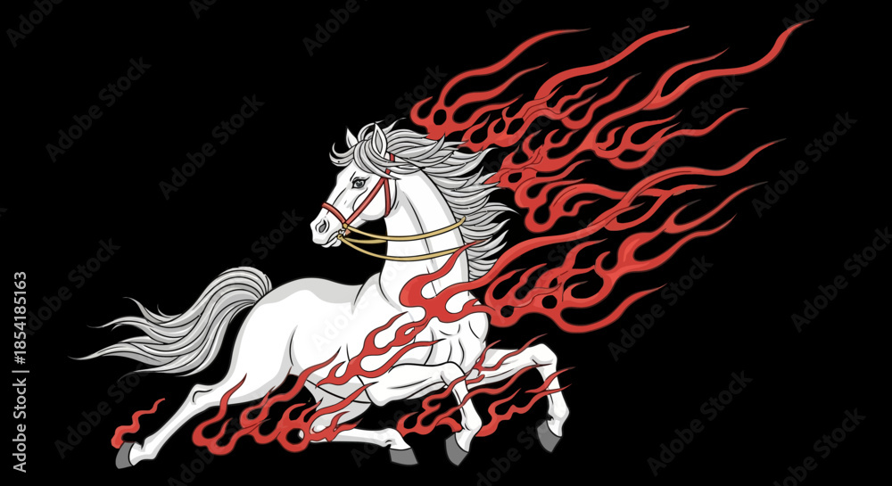 Obraz premium Fiery White Horse Galloping with Flames Trailing from Mane and Tail Against a Dark Background, Symbolic of Speed and Power