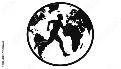 Silhouette of a runner in front of a world map.