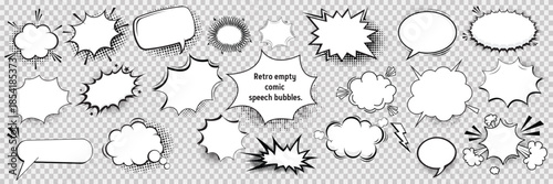 Retro empty comic speech bubbles set with black halftone shadows. pop art style Vintage, comic design Full stock vector.
