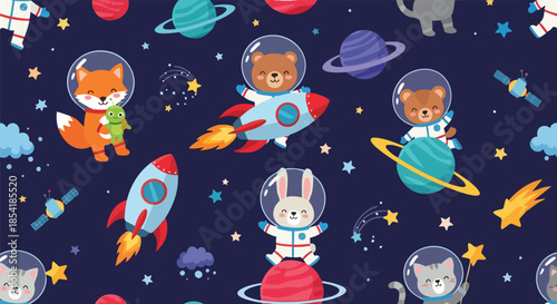 Adorable cartoon animals in astronaut suits explore outer space with rockets, planets, and stars in a whimsical pattern.
