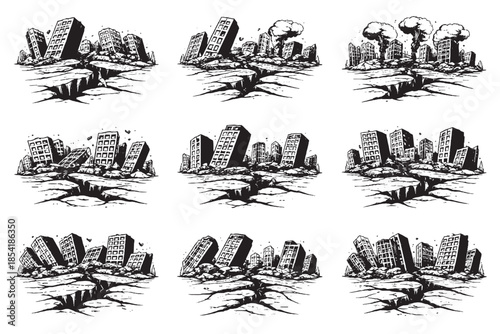 Destroyed City Ruins Hand Drawn Ink Illustration Set