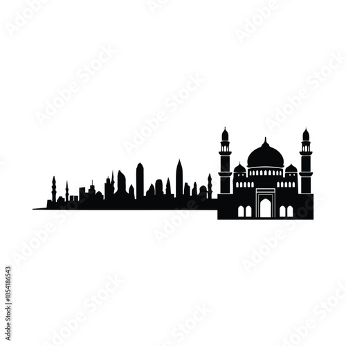 Stunning city skyline with mosque and modern buildings silhouette