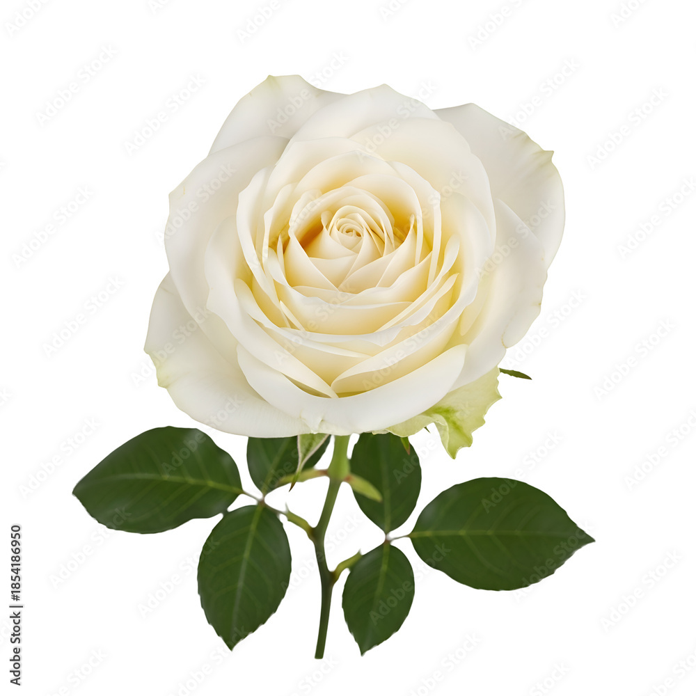 Fototapeta premium Beautiful white rose with green leaves isolated on white background