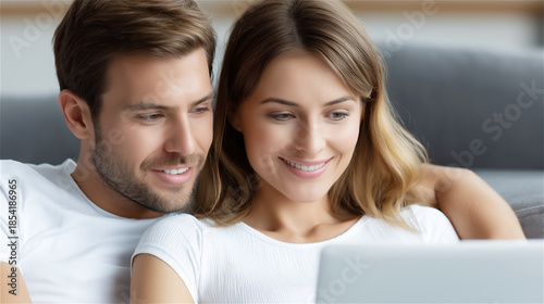 Young couple relaxing on a sofa while using a laptop together, smiling at the screen in a bright home interior, conveying connection, comfort, and modern online life.