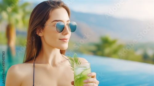 Young adult woman relaxing by an infinity pool, wearing sunglasses and holding a green tropical drink. Summer vacation lifestyle with calm mood, sunshine and leisure outdoors.