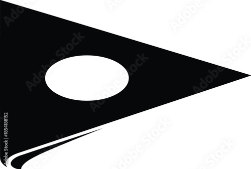 Black vector silhouette of a triangular pennant flag with a circular center cutout isolated on a white background for logos.