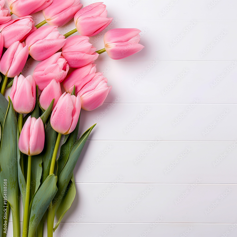 Fototapeta premium Bouquet of fresh pink tulips on a white wooden background