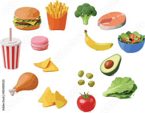 Diverse food vector set featuring healthy options like salmon broccoli avocado and salad alongside fast food items like burgers fries and soda.