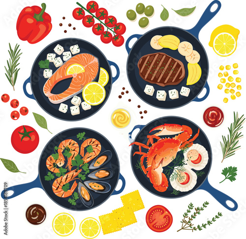 Healthy Mediterranean diet illustration with various proteins including fish shellfish and steak served with lemon herbs tomatoes and olives on white background.