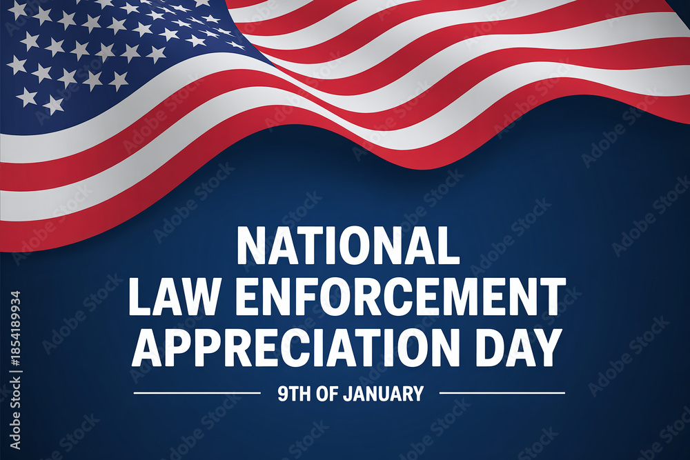 Naklejka premium Patriotic National Law Enforcement Appreciation Day Background with Waving American Flag for January 9th Police Support and Community Honors
