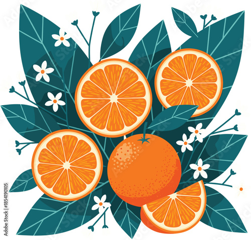 Vibrant orange citrus fruit slices and blossoms vector set with decorative leaves for healthy drink packaging organic farm products and summer garden themes.