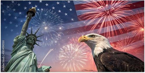 United States 250 years salute patriotic celebration with Statue of Liberty fireworks eagle and skyline.