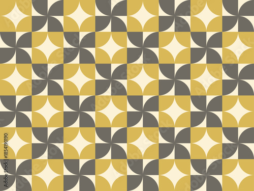 Seamless geometric pattern with petal shapes, repeating mustard and charcoal floral tile background for textile print, digital wallpaper, modern mid-century design for sophisticated surface decoration