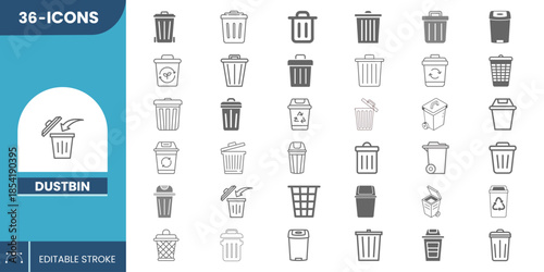 Dustbin Icon Set Vector Editable – Garbage Can, Trash Bin, Waste Disposal & Recycling Symbols. 