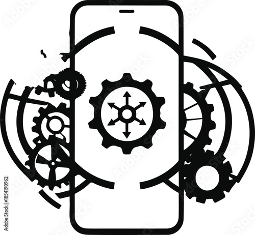 Innovation in Mobile Technology: This image illustrates a modern smartphone surrounded by intricate gears, symbolizing technological advancement. The central focus is on a touch screen.