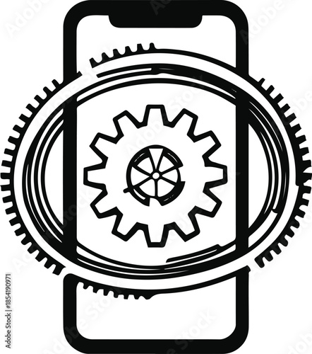 Smartphone and Gear Concept: A minimalist graphic showcases a smartphone embraced by a complex gear mechanism, symbolizing technological innovation and intricate operational processes.