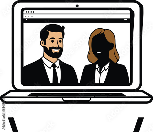 Virtual Connection: Conceptual illustration of two figures engaged in a virtual meeting on a laptop screen, embodying remote collaboration and communication